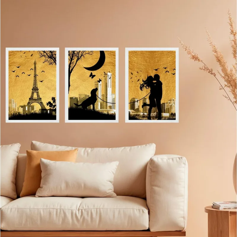 Kit 3 Quadros Decorativos Casal Cachorro Paris 33x24cm