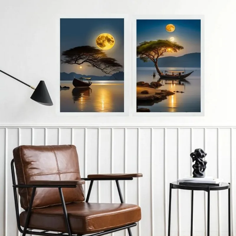 Kit 2 Quadros Paisagens Por Do Sol Rio Barcos 45x34cm Vidro