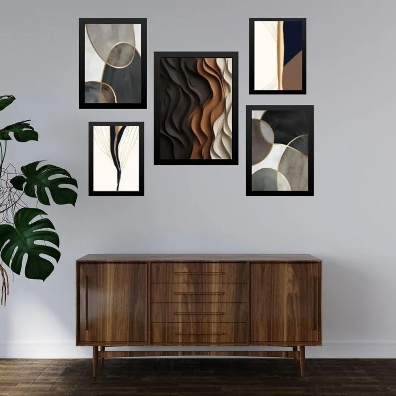 Composição 5 Quadros Decoração Moderna Abstrata Sala