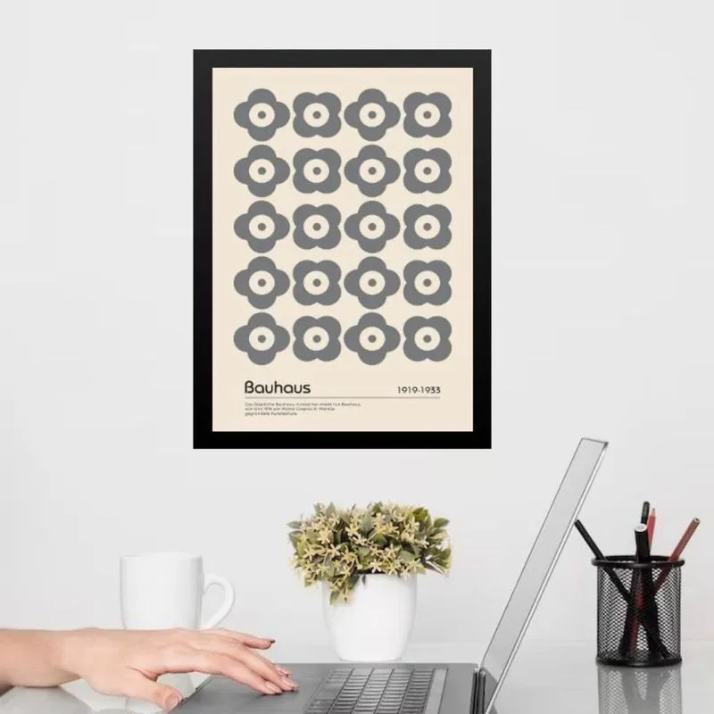 Quadro Decorativo Bauhaus Cinza Floral 45X34Cm
