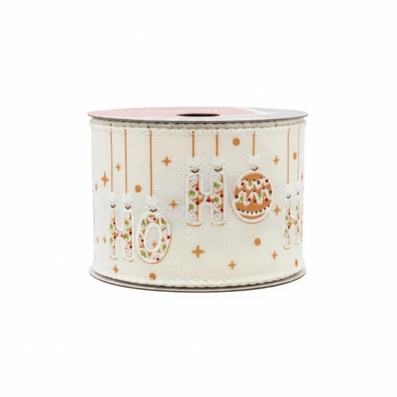 Fita Decorativa Bege Natalina com Estampa Ho Ho e Borda Aramada 6,3CM 9,14M Tok da Casa