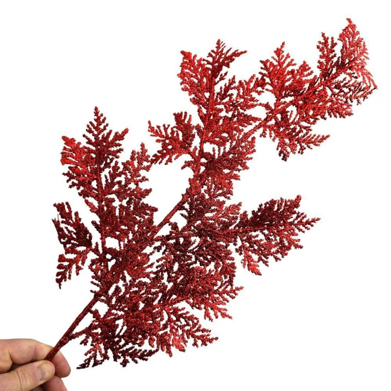 Galho Decorativo Artificial Vermelho Glitter 85cm Com Folhas De Silicone Vermelho