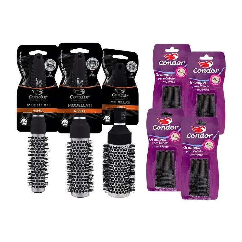 Kit 3 Escovas Profissionais Cerdas Javali + 80 Grampos