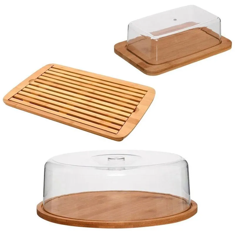 Kit Porta Manteiga + Porta Bolo + Tabua Migalheira Em Bambu