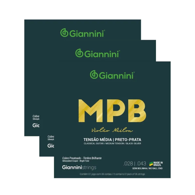 Kit 3 Encordoamento Violão Giannini mpb genwbs Nylon Preto-Prata Média