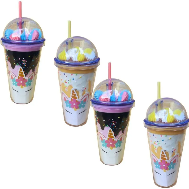 Kit 4 copos infantil unicornio para menina com canudo decorado 450ml