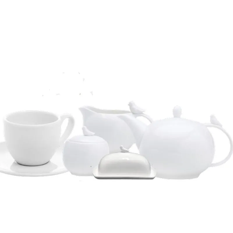 Xícara Chá E Bule Leiteira Bird Porcelana Branca 10pç Wolff
