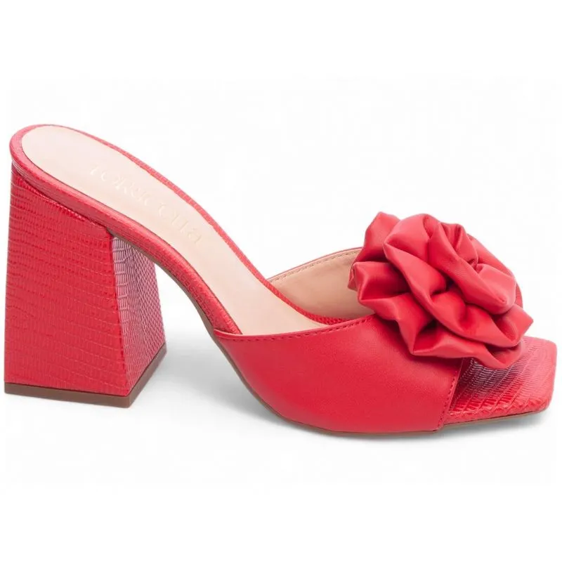 Sandália Tamanco Feminino Salto Médio Baixo Bloco Grosso Bico Quadrado Flor 9cm Torricella