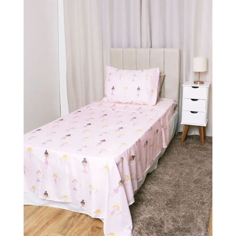 Jogo de Cama Infantil 3 Peças Andreza Fadinha 150 Fios Rosa UN