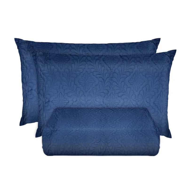 Kit Colcha de Casal Andreza Microfibra Azul com 3 Peças