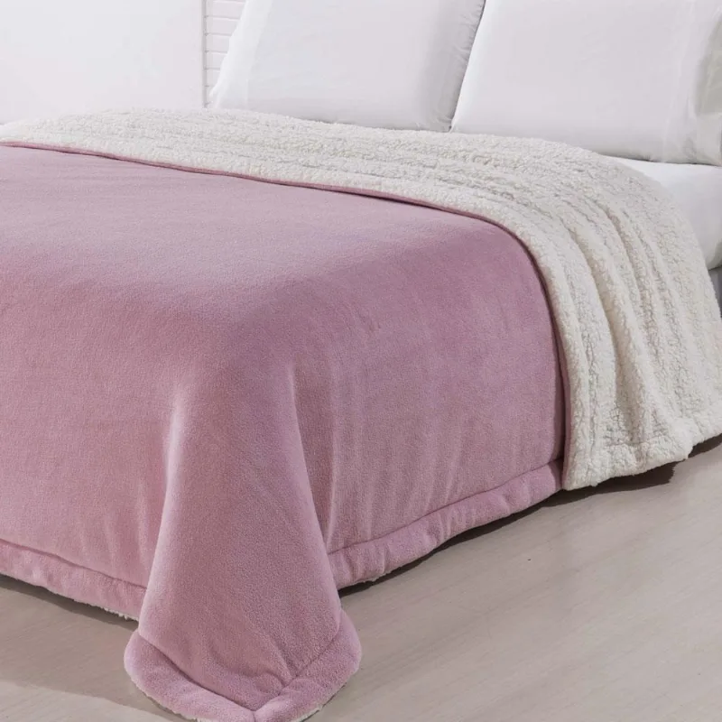 Manta Dupla Face Queen Sherpa Andreza Flannel Rose - ANDREZA