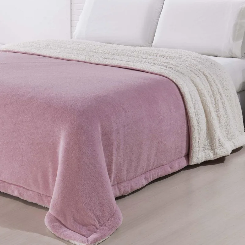 Manta Dupla Face Casal Sherpa Andreza Flannel Rose - ANDREZA