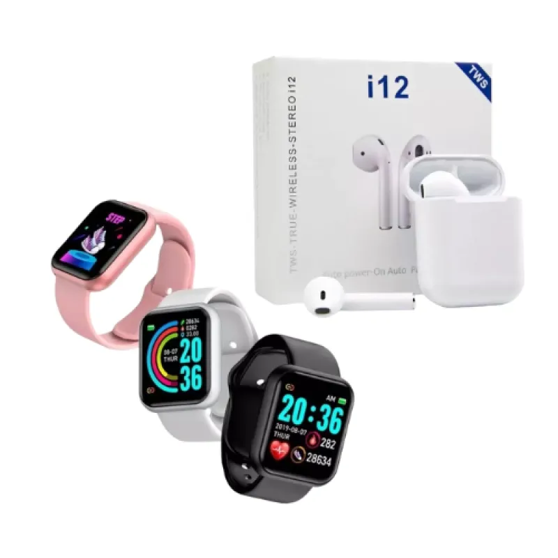 Kit Smartwatch D20S 2024 + Fone Bluetoorth Inpods I12 TWS Preto