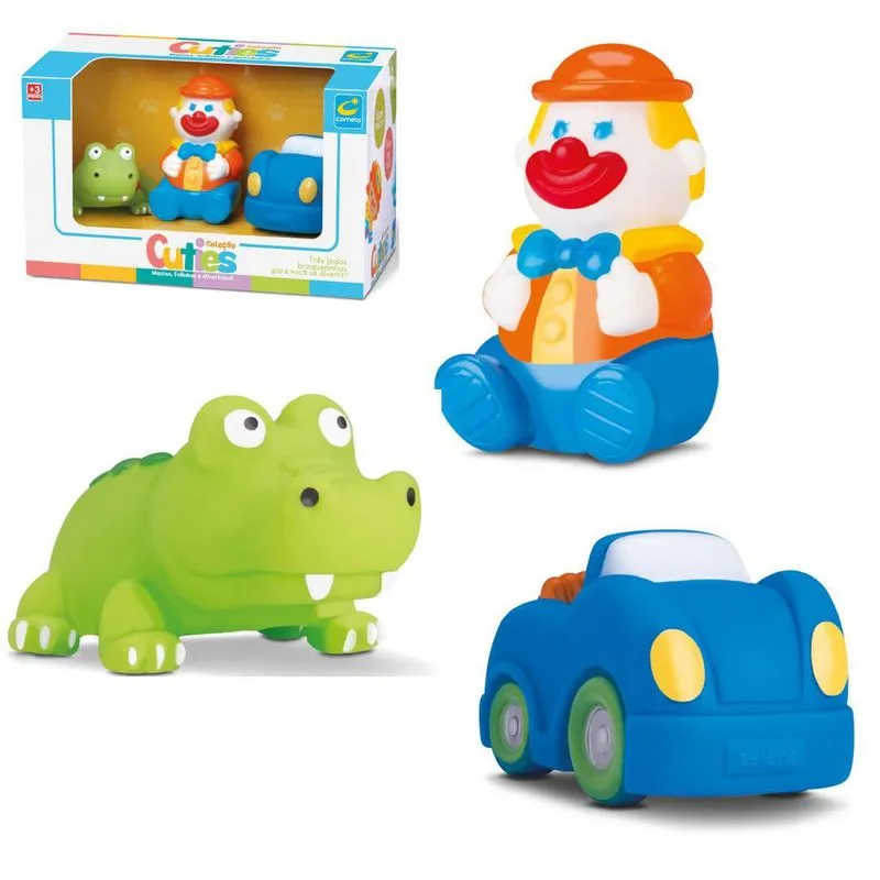 Kit Mordedor Cuties Vinil Palhaço Jacaré Carro Kids Baby