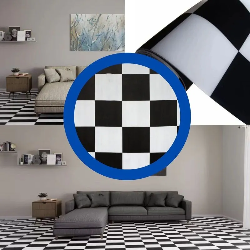 Piso Vinílico Em Manta 0,7mm Xadrez Brilho 2m X 25m 50m² Quadriculado Preto/branco - Caixa Com 50m2 - Preto/branco