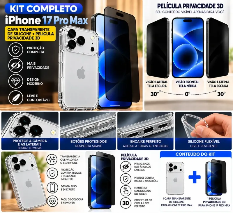KIT CAPA TRANSP. COMPATÍVEL IPHONE 17 PRO MAX + PELÍC PRIV3D