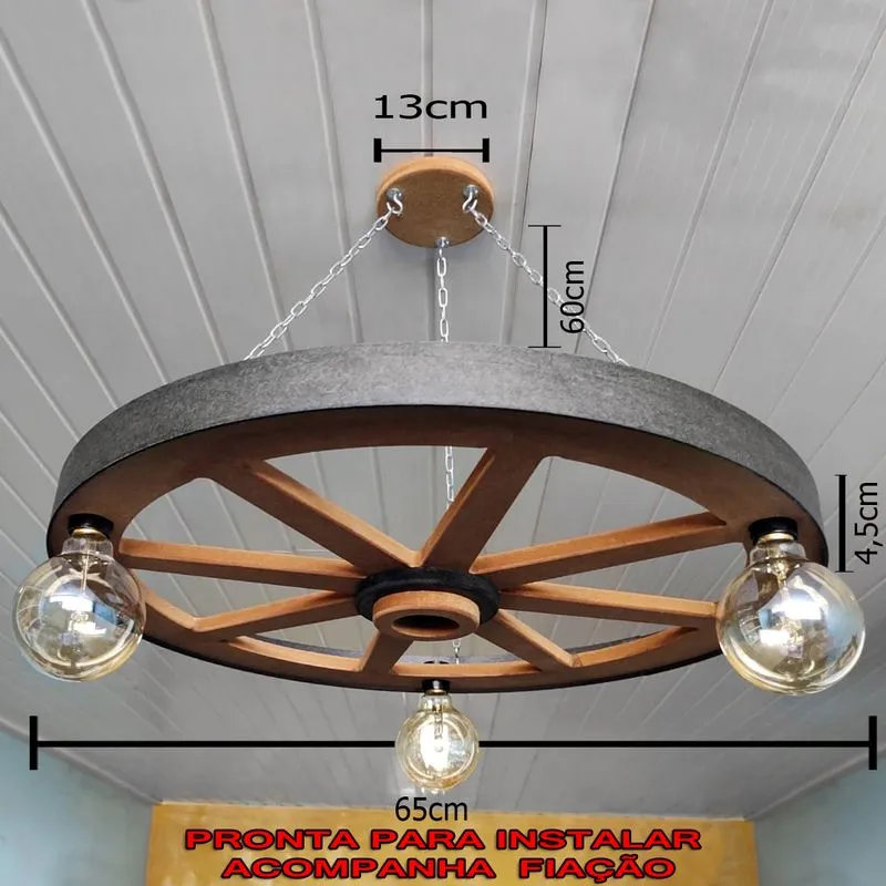 Luminária Roda De Carroça 3 Bocal 65 Cm 110/220v Kit 4 Peças