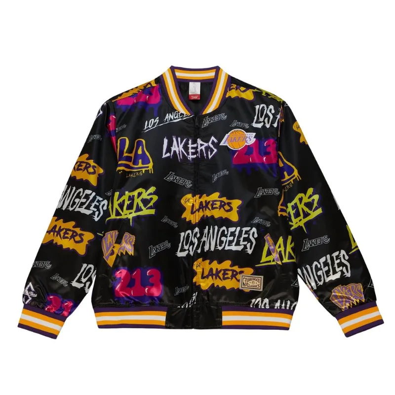 Jaqueta Mitchell & Ness Slap Sticker Dupla Face Los Angeles Lakers Preta - XGG