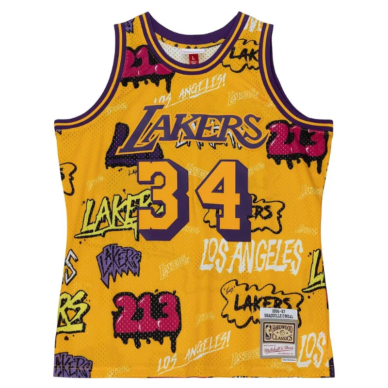 Regata Mitchell & Ness Slap Sticker Swingman Jersey Los Angeles Lakers 1996-97 Shaquille O'Neal Amarela - M