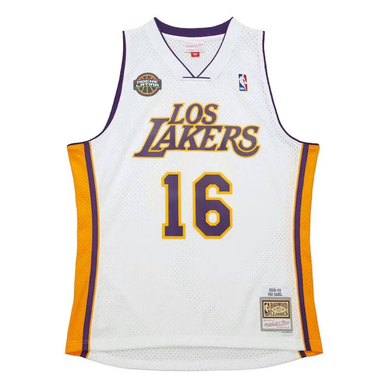 Regata Mitchell & Ness Hardwood Classics Swingman Jersey Noche Latina Los Angeles Lakers 2008-09 Pau Gasol Branca Regata Mitchell & Ness NBA White Los Lakers Branca - XL