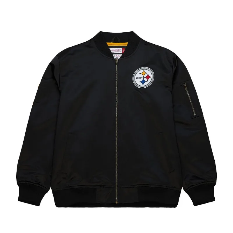 Jaqueta Mitchell & Ness Lightweight Satin Bomber Vintage Logo Pittsburgh Steelers Preta - Plus P