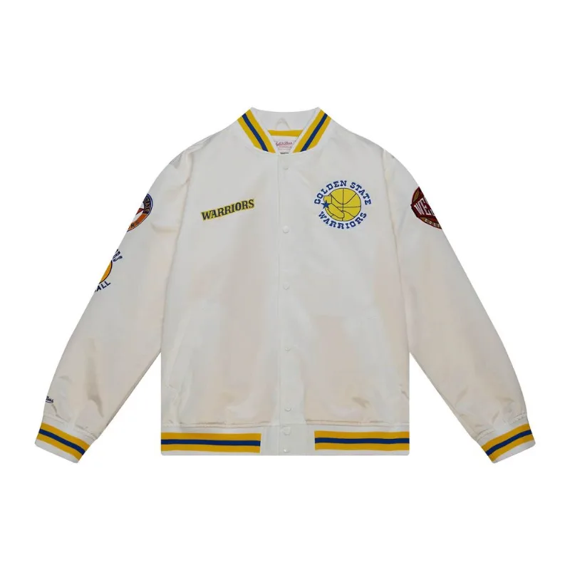 Jaqueta Mitchell & Ness City Collection Lightweight Satin Golden State Warriors Branca - Plus P