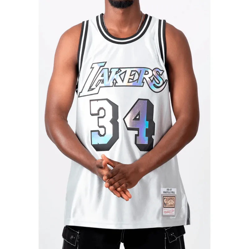 Regata Mitchell & Ness NBA Hardwood Classic Jersey Cosmic Chrome Los Angeles Lakers Shaquille O'Neal 1996-97 Prata - 5XL