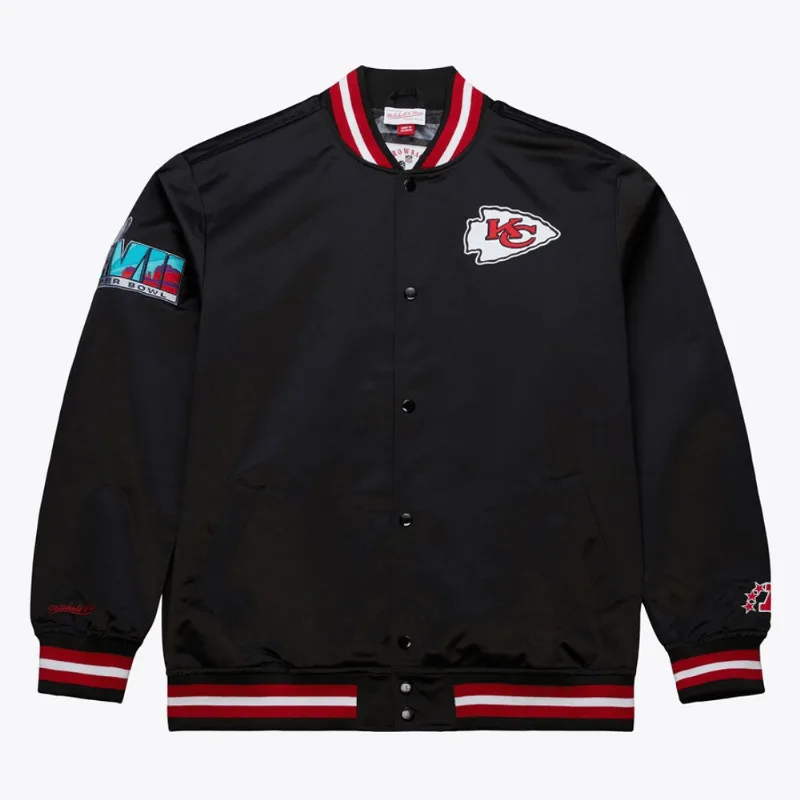 Jaqueta Mitchell & Ness NFL Double Down Satin Jacket Vintage Logo Kansas City Chiefs Preta Jaqueta Mitchell & Ness NFL Double Down Satin Jacket Vintage Logo Chiefs Preta - 4XL