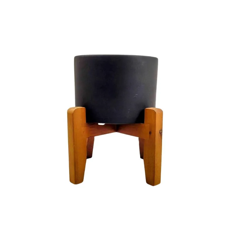 Vaso Decorativo Preto Com Suporte De Madeira 20x16cm