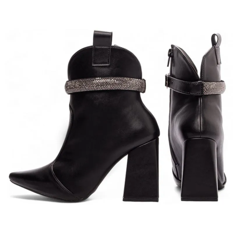 Bota Cano Médio Bico Fino Salto Alto Grosso Bloco Feminina 12 cm Preta Torricella