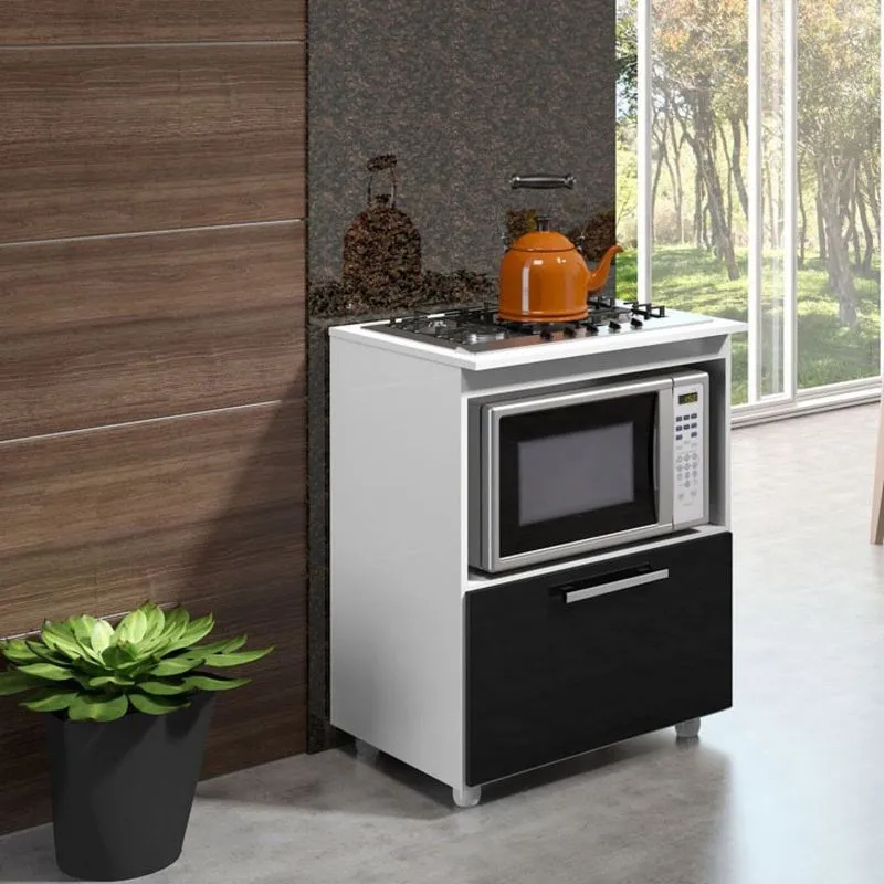 Balcão para Micro-ondas 1 Porta Multiuso Multimóveis Branco Brilho / Preto Brilho