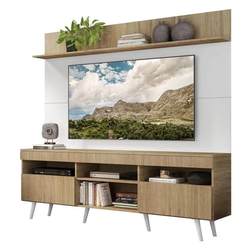 Rack Com Painel Tv 65 Rustic/branco Com Prateleira e Pés
