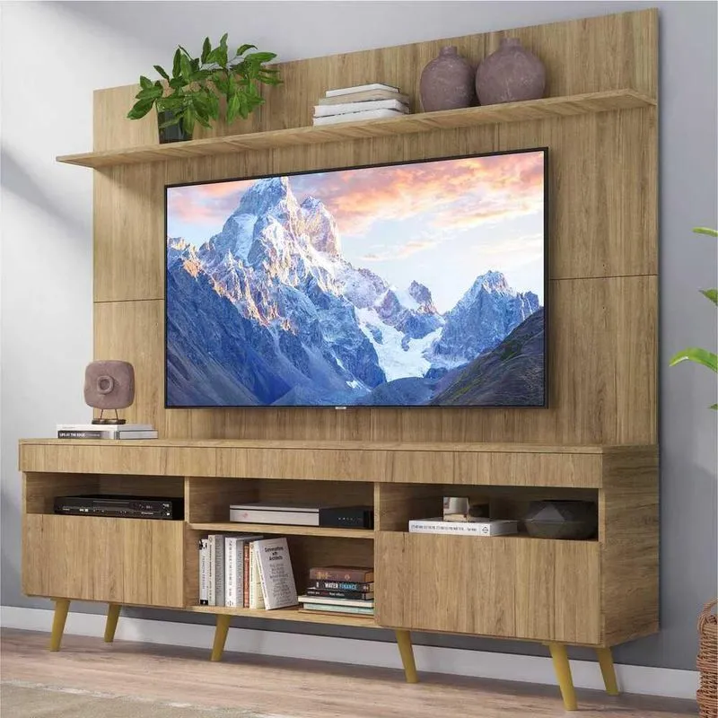Rack com Painel TV 65" Madri Multimóveis Rustic com Prateleira e Pés Retrô Natural