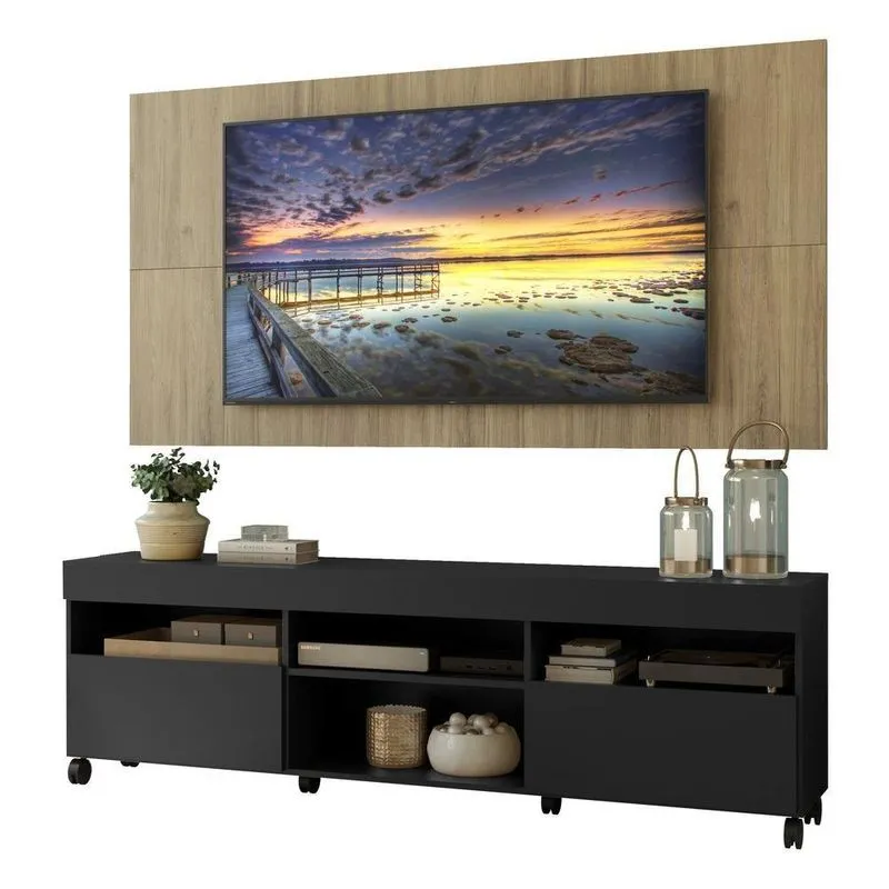 Rack C/ Painel Tv 65 Rodízios e 2 Portas Preto/Rustic