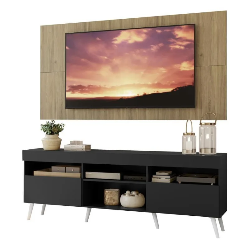 Rack com Painel Tv 65 Preto/rustic Pés Retrô Branco - Multimóveis