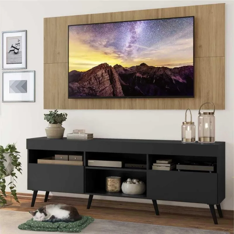 Rack com Painel Tv 65 Preto/rustic Pés Retrô Preto - Multimóveis