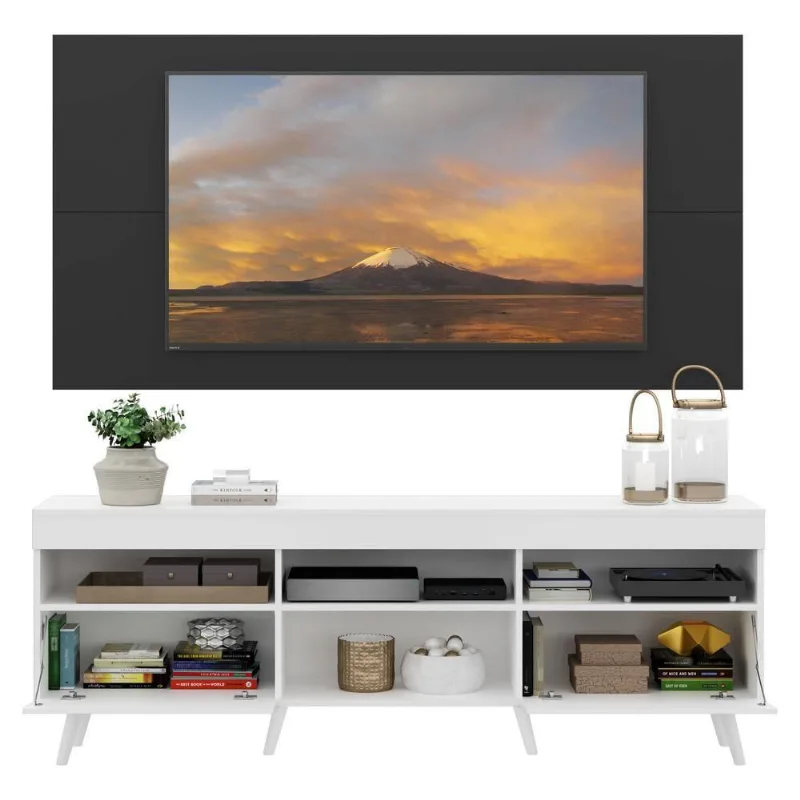 Rack com Painel Tv 65 Branco/preto Pés Retrô Branco - Multimóveis