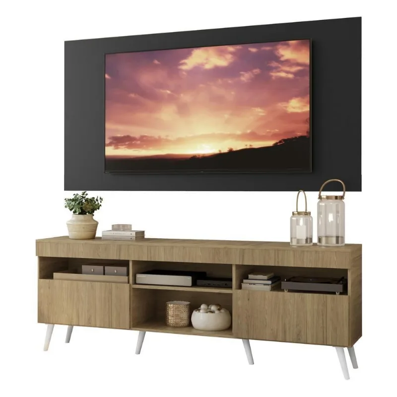Rack com Painel Tv 65 Rustic/preto Londres Pés Retrô Branco - Multimóveis