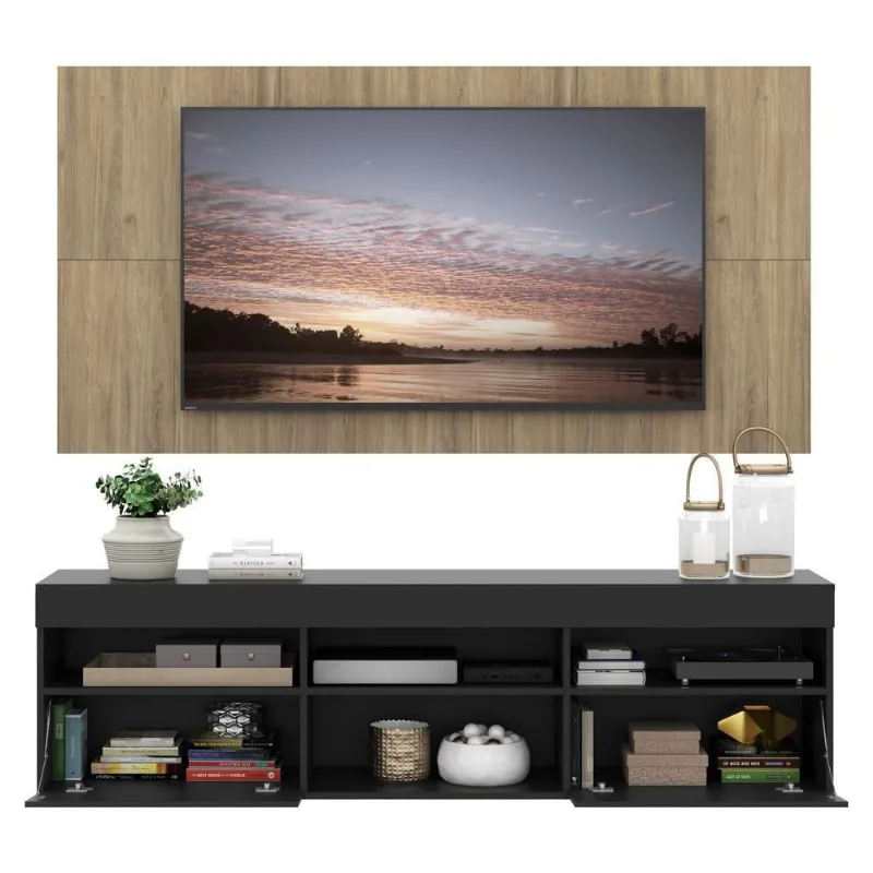 Rack Com Painel e Suporte Tv 65 e 2 Portas Preto/rustic - Multimóveis