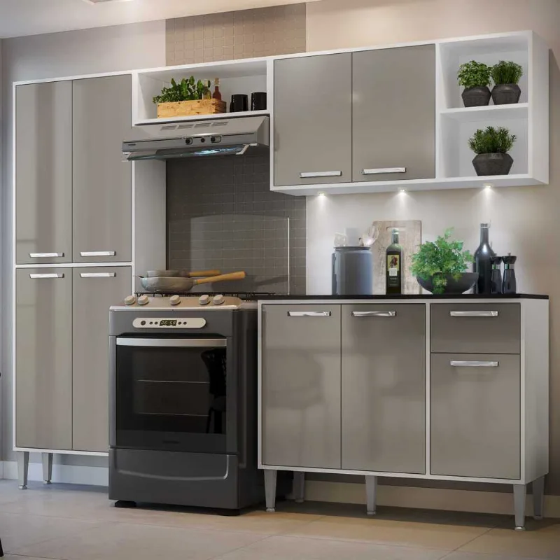 Armário de Cozinha Compacta c/ 3 Leds e Balcão com Tampo 4 pçs Xangai Multimóveis Bca/Lca Fumê - Multimóveis