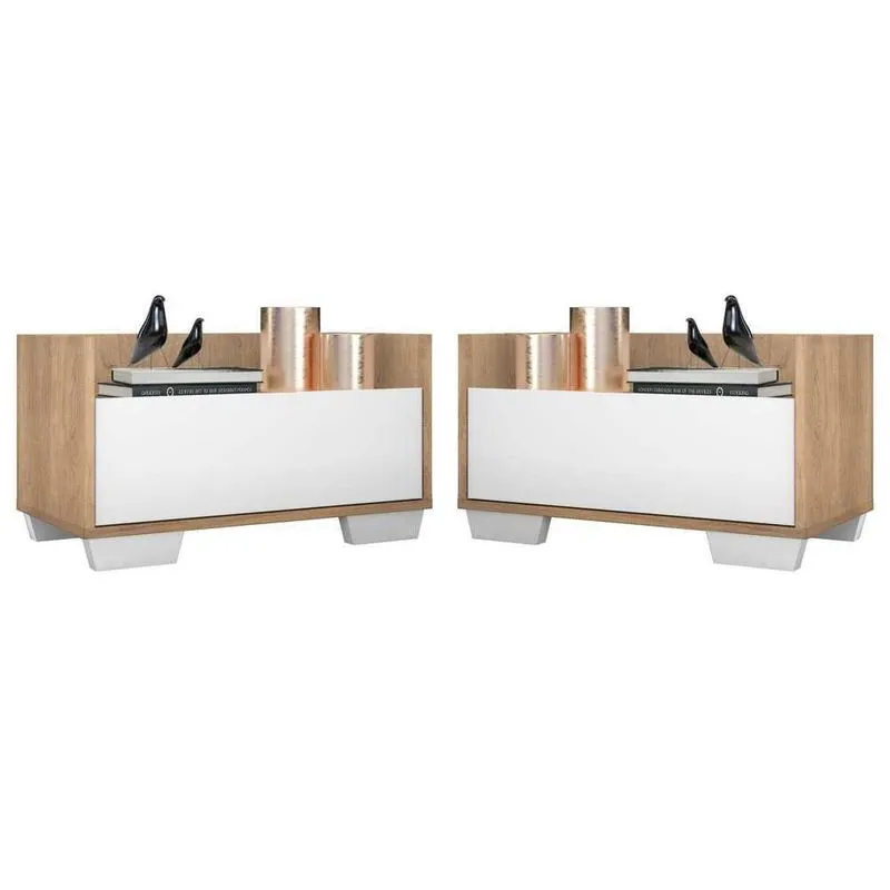 Kit c/ 2 Mesas de Cabeceira 80 cm c/ Pés Quadrados Multimóveis Rustic/Branco
