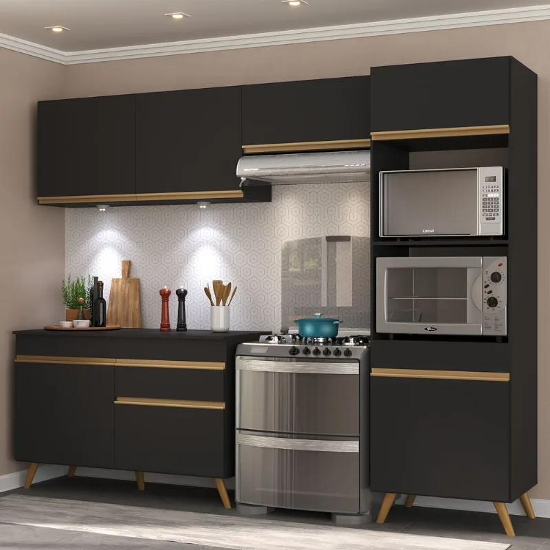 Armário de Cozinha Compacta 4 peças com Leds MP2018 Veneza Up Multimóveis Preta - Multimóveis
