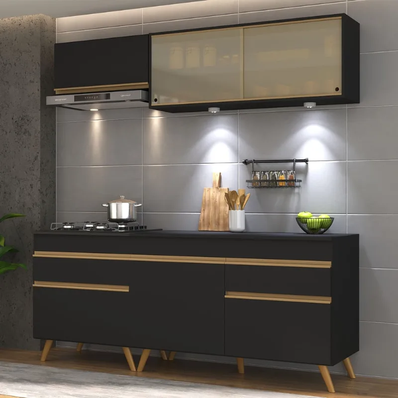 Armário de Cozinha Compacta 4 peças com Leds MP2031 Veneza Up Multimóveis Preta - Multimóveis