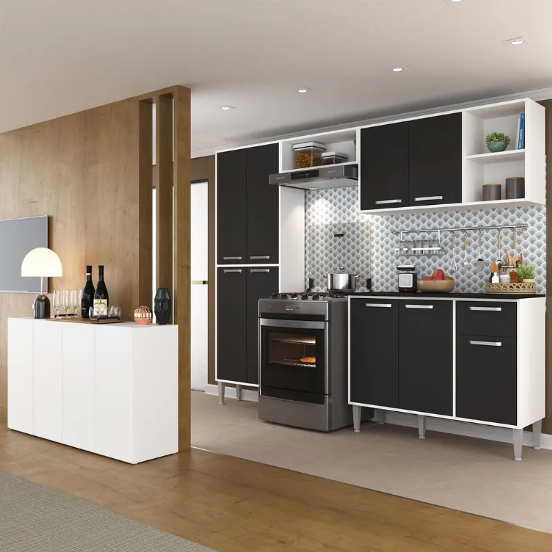 Armário de Cozinha Completa com Buffet/Aparador Siena Multimóveis MP2041 Branca/Preta - Multimóveis