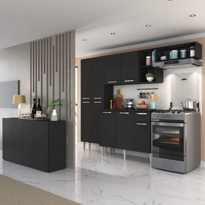 Armário de Cozinha Completa com Buffet/Aparador Paris Multimóveis MP2043 Preta - Multimóveis