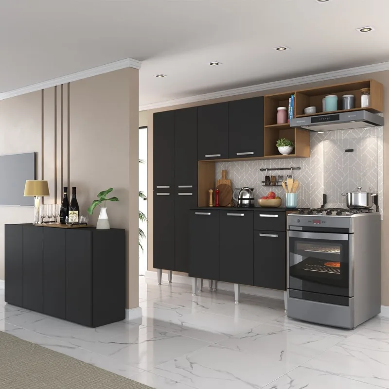 Armário de Cozinha Completa com Buffet/Aparador Paris Multimóveis MP2043 Madeirada/Preta - Multimóveis