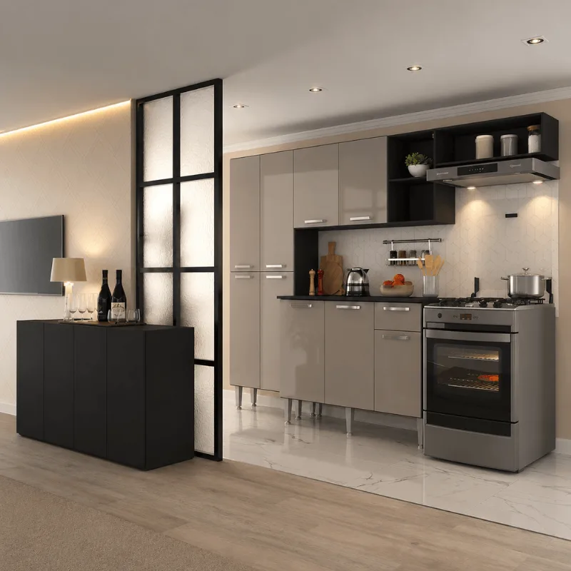 Armário de Cozinha Completa com Buffet/Aparador Paris Multimóveis MP2043 Preta/Lacca Fumê