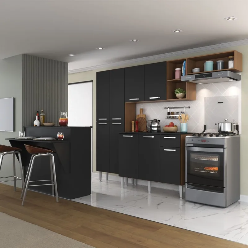 Armário de Cozinha Completa com Bancada Paris Multimóveis MP2044 Madeirada/Preta - Multimóveis