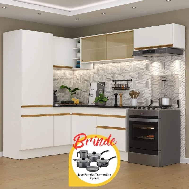 Armário Cozinha Completa Canto Veneza MP2086 Multimóveis Branco + Brinde Jogo de Panelas Tramontina