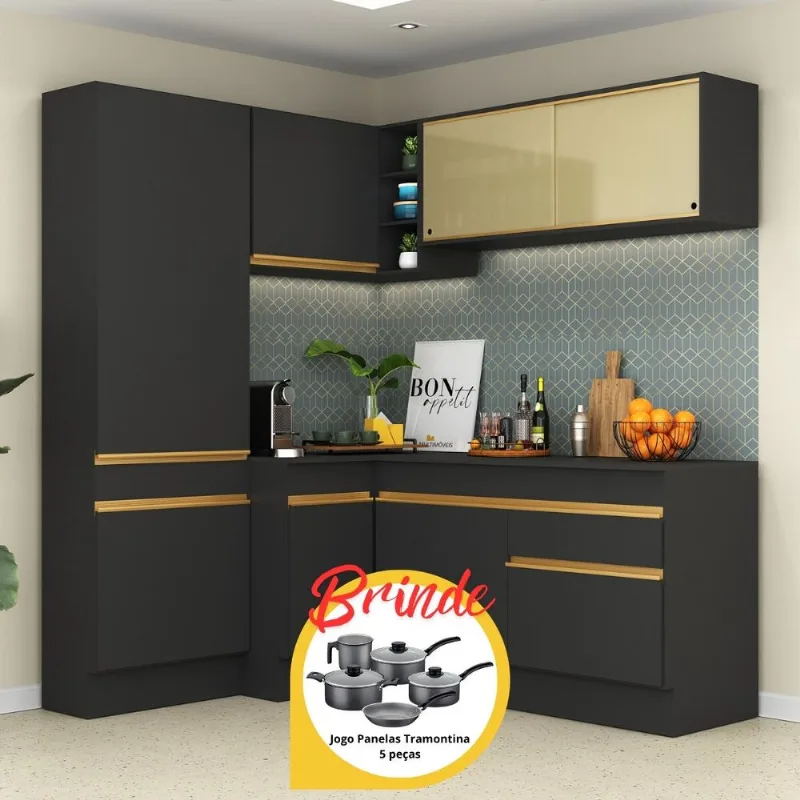 Armário Cozinha Completa Canto Veneza MP2089 Multimóveis Preto + Brinde Jogo de Panelas Tramontina